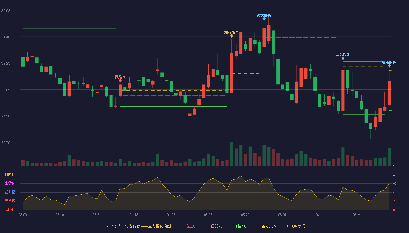 双林股份(300100)云梯战法K线图 - 强压线31.80 强弱线30.07 强撑线28.34 弱势区